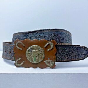 Vintage Oak Leaves Acorns Western Leather Belt Solid Copper Lucky Horseshoe Bull